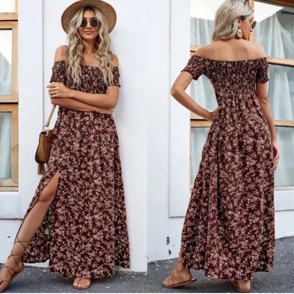 Off Shoulder Burgundy Floral Smocked Dress Two Front Slits - Picture 2 of 4